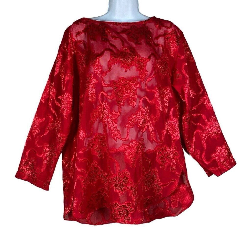 Vintage Victorias Secret Tunic Top Red Sheer Floral Long Sleeve Blouse Back Slit
